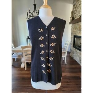 Gina‎ Peters Black Embroidered Leaf Button Up Sleeveless Vest Sweater Women's S